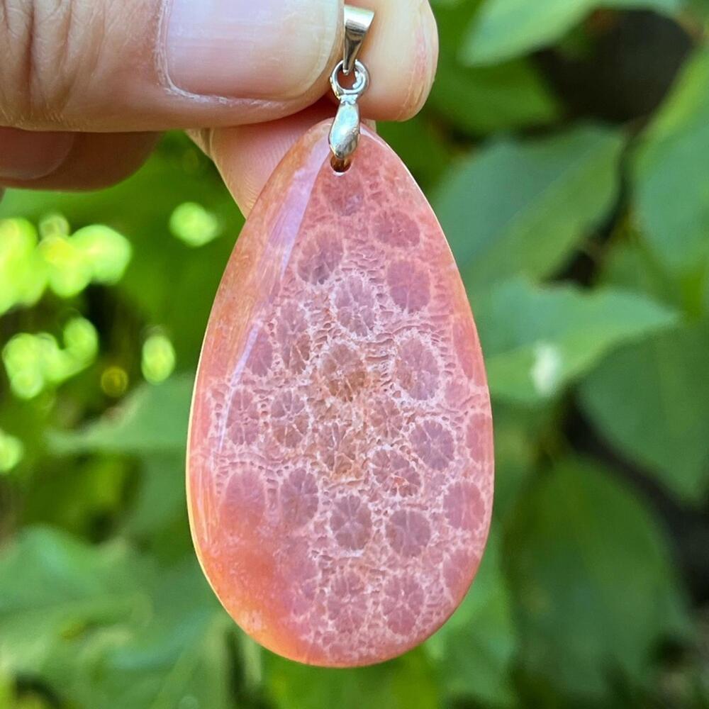 Sterling silver 925 stamped long coral jade pendant 0925